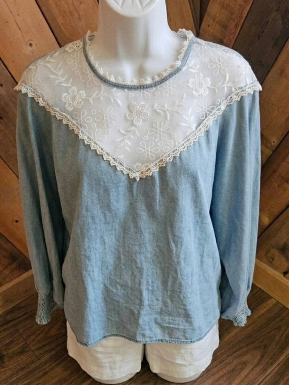 Zara Romantic Light Blue Cotton Blouse with White Embroidered Lace Yoke Medium